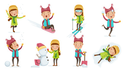 cute kids in warm clothes set. boy catches snowflakes mouth. riding on snow slides.child girl playing snowman. Little child in a clear snow. boy playing snowballs. Snow scoop. girl Catch snowflakes