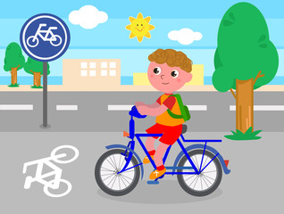 Biker boy on bicycle lane cartoon vector