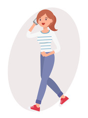 Cartoon character design female woman talk on the smart phone happily