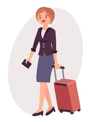 Cartoon character design female travel with luggage and passport on the way to airport
