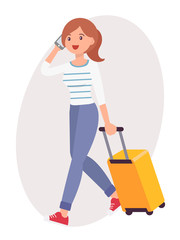 Cartoon character design female talk on the phone travel with luggage
