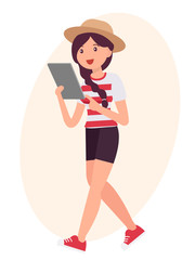 Cartoon character design female woman stand watching tablet with happy face