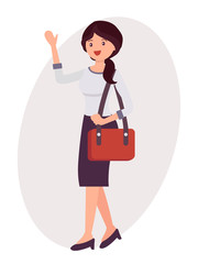 Cartoon character design female woman wave hand greeting with shoulder bag