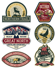 Vector set of mountain hiking and wildlife adventure badges - obrazy, fototapety, plakaty