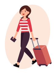Cartoon character design female travel with luggage and passport on the way to airport