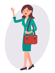 Cartoon character design female woman wave hand greeting with shoulder bag