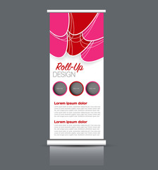 Roll up banner stand template. Abstract background for design,  business, education, advertisement. Vector  illustration. Pink and red color.