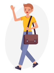 Cartoon character design male man with leather shoulder bag wave hand say hello