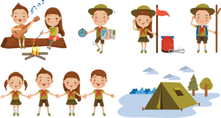 Scouts honor character Set.Children hand in hand.hand gesture Camping.Boy playing guitar around the campfire.Kid studying a tour route map.camping tent.Roasting sausage on campfire. - obrazy, fototapety, plakaty