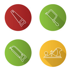 Construction tools flat linear long shadow icons set