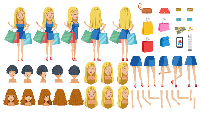Shoppers Dress adolescence. animated character creation set. Icons with different types of faces, hair style, emotions,icon,front, rear, side view of female Young girl person. Moving arms,legs.vector