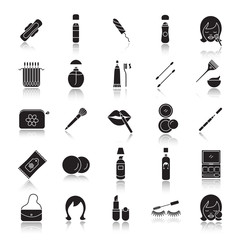 Cosmetics accessories drop shadow black glyph icons set