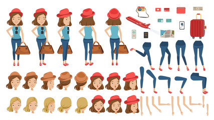 Tourist Woman Travel creation set. animated character. at airport. Icons with different types of faces and hair style, emotions, front, rear, side view of female person. Moving arms, legs. Isolated 