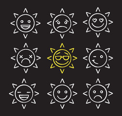 Fototapeta premium Sun smiles chalk icons set