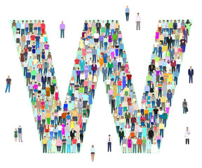 Letter W, different people, vector illustration