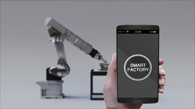 Product to using Robot arm in Smart factory . Control monitoring smart phone, mobile. internet of things. 4th industrial revolution.