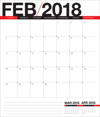 February 2018 calendar planner vector illustration