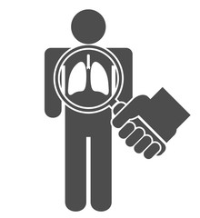 Lung inspection icon concept. Hand holding magnifying glass over a stick man or figure