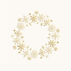 Holiday wreath with snowflakes and stars. Hand drawn golden frame. Vector illustration. Isolated.