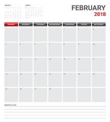 February 2018 calendar planner vector illustration