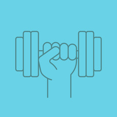 Hand holding gym barbell linear icon