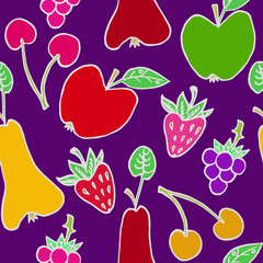 Fruits and berries: cherry, pear, strawberry, blackberry and apple, hand drawn doodle, sketch in naïve, pop art style, seamless pattern design on purple background