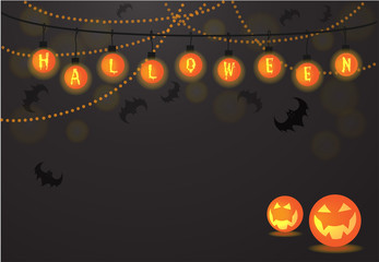 Halloween light balls background text letters vector for Halloween card party, Halloween night, trick or treat, invitation card, gift tags, bat, and Jack-o-Lantern -orange, yellow glow neon colors. 