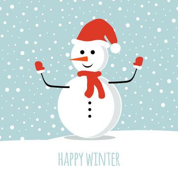 Funny smiling snowman vector illustration. Happy Winter