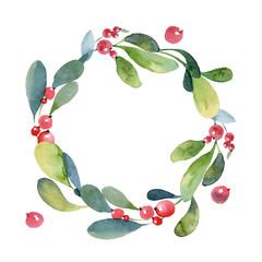 Watercolor Christmas wreath of green branch, leaves and berry