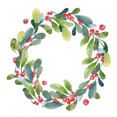 Watercolor Christmas wreath of green branch, leaves and berry