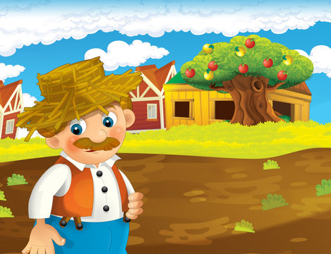 cartoon scene with happy man working on the farm - standing and smiling / illustration for children