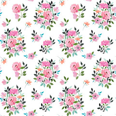 Seamless pattern with abstract pink summer flowers in a bouquet, flower field.