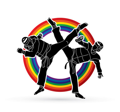 Taekwondo fighting designed on line rainbow background graphic vector.