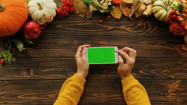 White smartphone with green screen in horizontal position on the wooden table with pumpkins. Top view. Female finger scrolling pages. Autumn. Chroma key