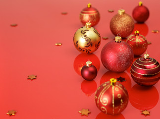 Christmas balls on red