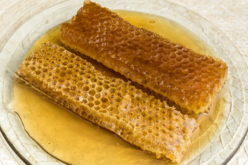 Two pieces of honeycomb on natural matting