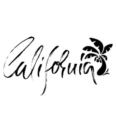 California. Modern dry brush lettering. Retro typography print. Vector handwritten inscription. Palm tree icon. USA state.