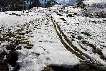 Winter Landscape. Slage Car track on snow.