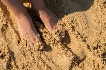 Picture of female feet buried in sand at the beach.