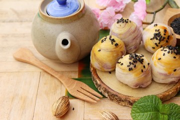 Festival moon cake ,Chinese dessert and hot tea.