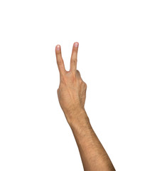 Two fingers hand gesture isolated on white background, clipping path