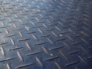 Perspective close up old rusty dirty white painted stained scratched blue iron steel checker plate background, full of dust