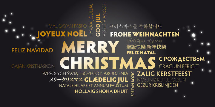 merry christmas greeting card with golden letters in different languages on black background