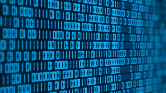 3d animation of a blue binary code. Motion background - depth of field.