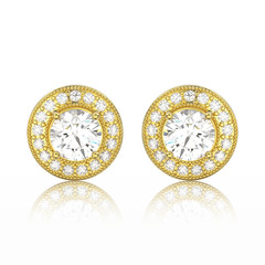 3D illustration two yellow gold diamonds screw post sterling stud earrings with reflection