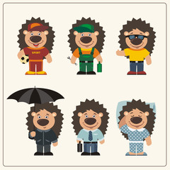Set funny hedgehog in different clothing: sportsman, worker, manager, summer, autumn, sleepwear. Collection isolated hedgehog in clothing in cartoon style.