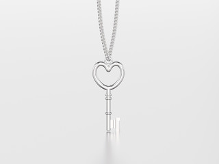 3D illustration white gold or silver decorative key in the form of a heart necklace on chain with reflection and shadow