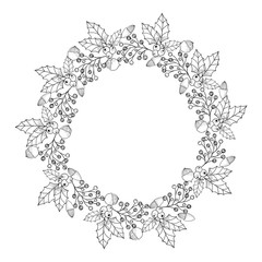 Hand drawn christmas wreath with leaves, berries and nuts
