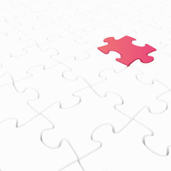 White 3D puzzle with one different color highlighted piece - step out of line, difference, solution
