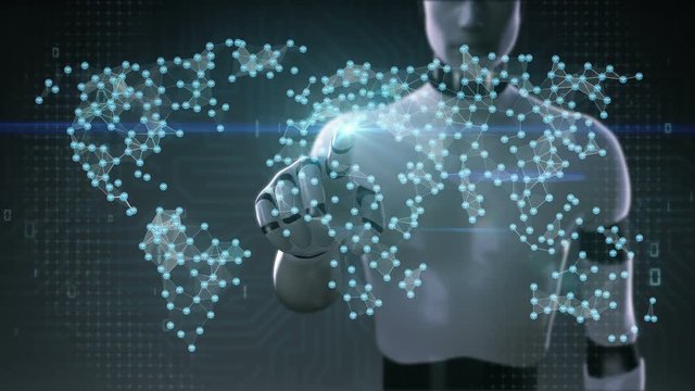 Robot, cyborg touching Wireless communication icon, makes global world map, internet of things. financial technology.2.
